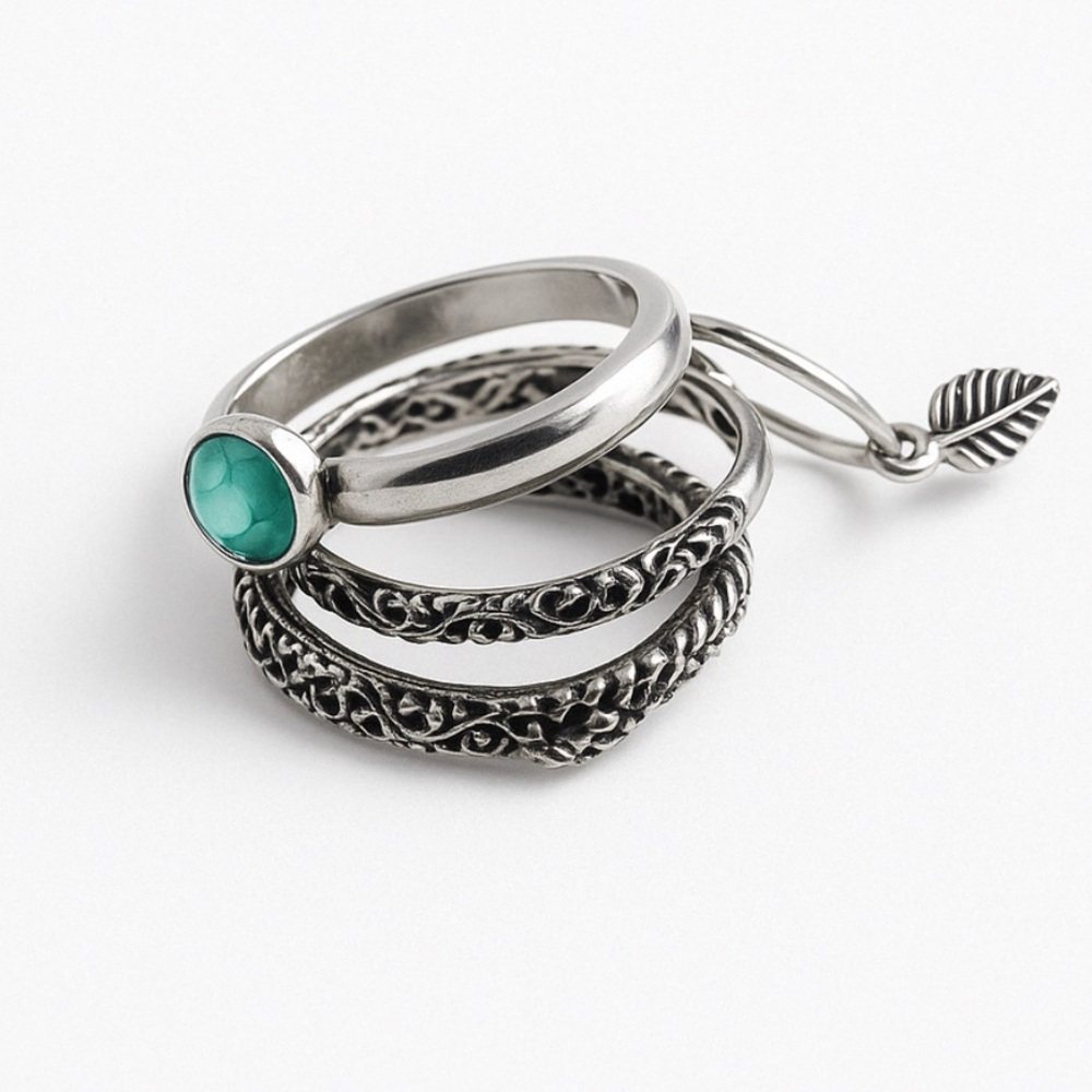 Set of 3 New Turquoise and Silver Rings with Rhinestones
